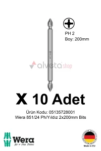 Alveta Wera 851/24 PH2 x 200mm Tornavida Ucu 10 Adet | Yıldız Vidalama Bits Seti Profesyonel Seri