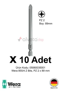 Alveta Wera 855/4 Z PZ2 x 89mm Tornavida Ucu 10 Adet | Pozidriv Vidalama Bits Seti Uzun Seri