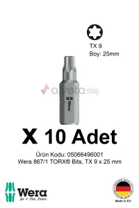 Alveta Wera 867/1 TORX TX9 x 25mm Tornavida Ucu 10 Adet | Torx Vidalama Bits Seti Profesyonel Seri