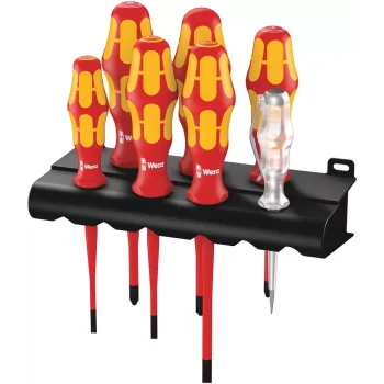 Wera 160 iS/7 Raflı Kraftform Plus 100 Serisi Tornavida Seti + Tek Fazlı Kontrol Kalemi + Raf, İnce Bıçaklı