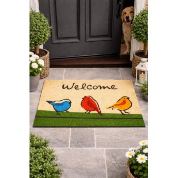 Esnature Chirp Birds Renkli Cıvıldıyan Kuşlar Kahverengi Welcome Kapı Önü Paspası 45x70 Cm