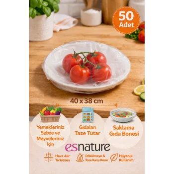 Esnature Streç Lastikli Buzdolabı Poşeti Tabak Tencere Gıda Saklama Bonesi 50 Adet Pratik Koruyucu