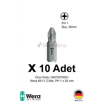 Alveta Wera 851/1 Z PH1 x 25mm Tornavida Ucu 10 Adet | Yıldız Vidalama Bits Seti Profesyonel Seri