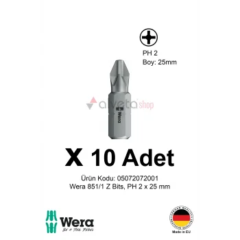Alveta Wera 851/1 Z PH2 x 25mm Tornavida Ucu 10 Adet | Vidalama Bits Uç Seti Profesyonel Seri