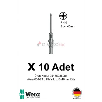 Alveta Wera 851/21 J PH0 x 40mm Tornavida Ucu 10 Adet | Yıldız Vidalama Bits Seti Hassas Seri