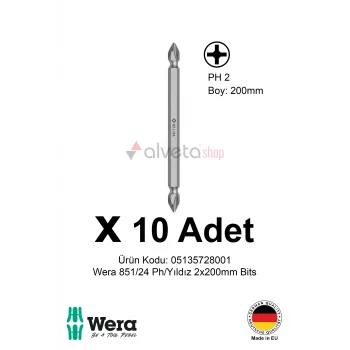 Alveta Wera 851/24 PH2 x 200mm Tornavida Ucu 10 Adet | Yıldız Vidalama Bits Seti Profesyonel Seri