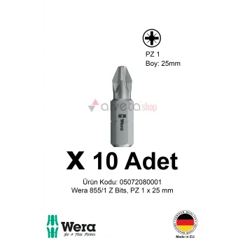 Alveta Wera 855/1 Z PZ1 x 25mm Tornavida Ucu 10 Adet | Pozidriv Vidalama Bits Seti Profesyonel Seri