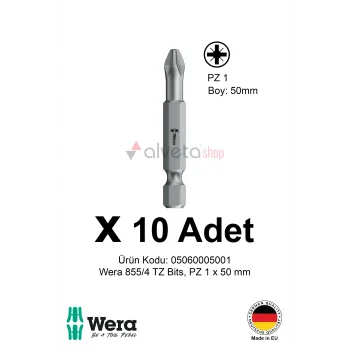 Alveta Wera 855/4 TZ PZ1 x 50mm Tornavida Ucu 10 Adet | Pozidriv Vidalama Bits Seti Profesyonel Seri