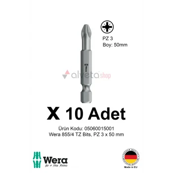 Alveta Wera 855/4 TZ PZ3 x 50mm Tornavida Ucu 10 Adet | Pozidriv Vidalama Bits Seti Profesyonel Seri