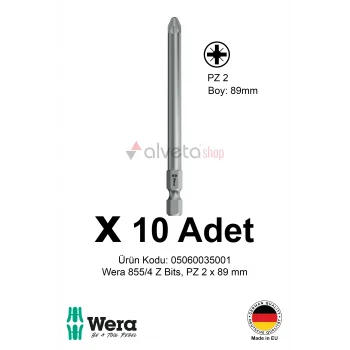 Alveta Wera 855/4 Z PZ2 x 89mm Tornavida Ucu 10 Adet | Pozidriv Vidalama Bits Seti Uzun Seri