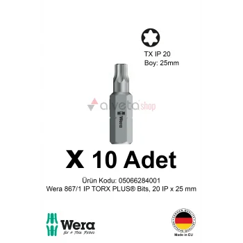 Alveta Wera 867/1 IP TORX PLUS 20IP x 25mm Tornavida Ucu 10 Adet | Vidalama Bits Seti Profesyonel Seri