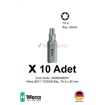 Alveta Wera 867/1 TORX TX9 x 25mm Tornavida Ucu 10 Adet | Torx Vidalama Bits Seti Profesyonel Seri