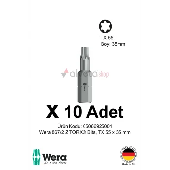 Alveta Wera 867/2 Z TORX TX55 x 35mm Tornavida Ucu 10 Adet | Torx Vidalama Bits Seti Güçlü Seri