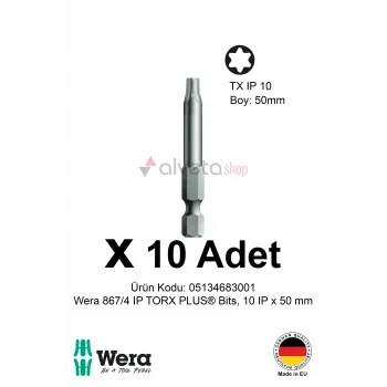 Alveta Wera 867/4 IP TORX PLUS 10IP x 50mm Tornavida Ucu 10 Adet | Vidalama Bits Seti Uzun Seri
