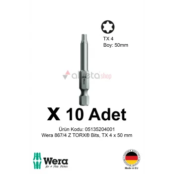 Alveta Wera 867/4 Z TORX TX4 x 50mm Tornavida Ucu 10 Adet | Torx Vidalama Bits Seti Profesyonel Seri