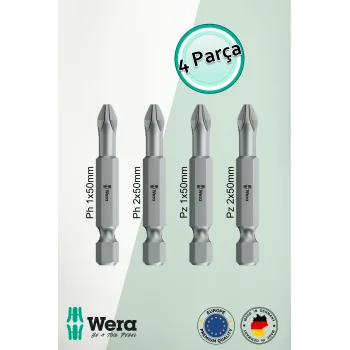 Alveta Wera 4’lü Bits Seti PH1, PH2, PZ1, PZ2 x50mm Tornavida Matkap Vidalama Uçları Profesyonel Set