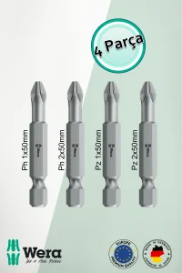Alveta Wera 4’lü Bits Seti PH1, PH2, PZ1, PZ2 x50mm Tornavida Matkap Vidalama Uçları Profesyonel Set