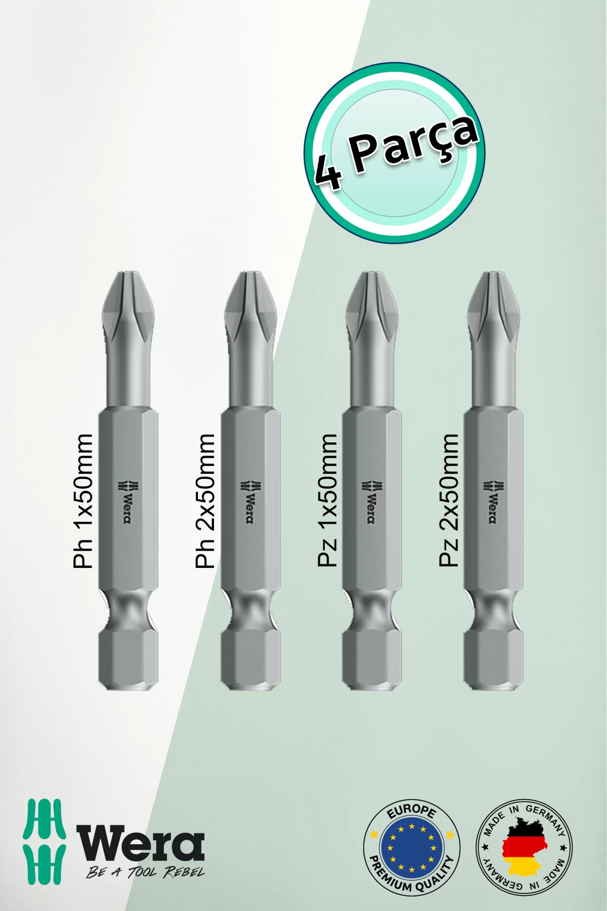 Alveta Wera 4’lü Bits Seti PH1, PH2, PZ1, PZ2 x50mm Tornavida Matkap Vidalama Uçları Profesyonel Set