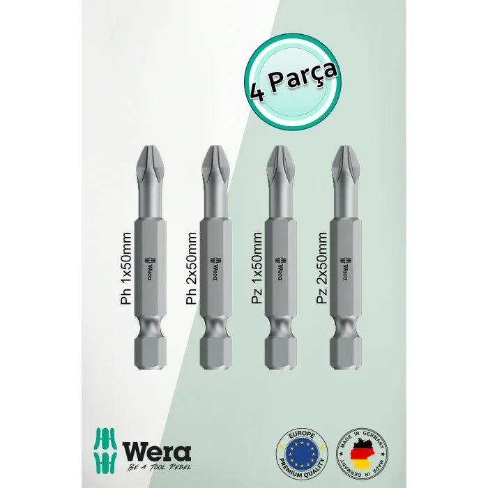 Alveta Wera 4’lü Bits Seti PH1, PH2, PZ1, PZ2 x50mm Tornavida Matkap Vidalama Uçları Profesyonel Set