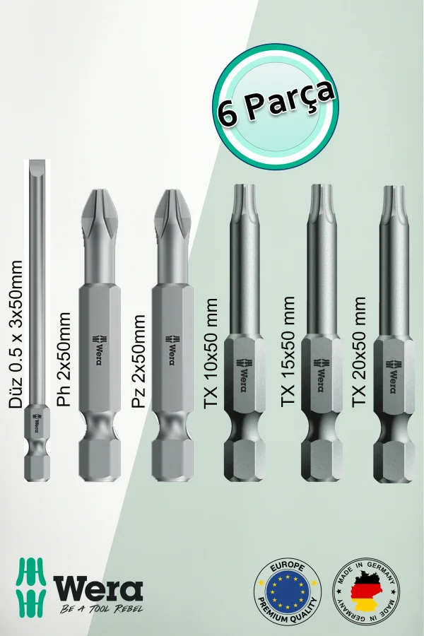 Alveta Wera 6’lı Bits Seti Düz 0.50x3 PH2 PZ2 TX10 TX15 TX20x50mm Tornavida Matkap Vidalama Uçları Seti