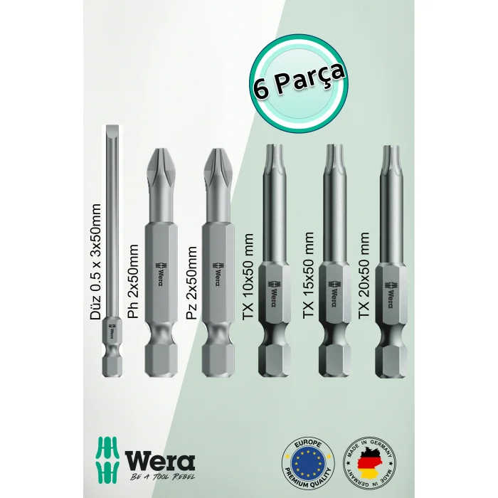 Alveta Wera 6’lı Bits Seti Düz 0.50x3 PH2 PZ2 TX10 TX15 TX20x50mm Tornavida Matkap Vidalama Uçları Seti