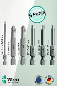 Alveta Wera 6’lı Bits Seti Düz 0.50x3 PH2 PZ2 TX10 TX15 TX20x50mm Tornavida Matkap Vidalama Uçları Seti