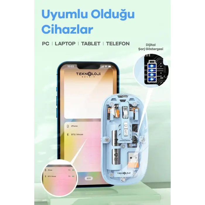 Bluetooth USB Çift Modlu Sessiz Mouse, Şeffaf Mıknatıslı Kapaklı, TypeC Şarjlı, DPI Ayarlı, Kablosuz 10m Çekim Mesafeli, Masaüstü Kısayol Tuşlu, Taşınabilir Şarjlı Mouse Siyah