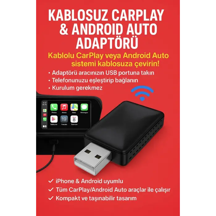 Kablosuz CarPlay & Android Auto Adaptörü  Apple ve Android Cihazlar İçin Evrensel Wireless Carplay Çevirici