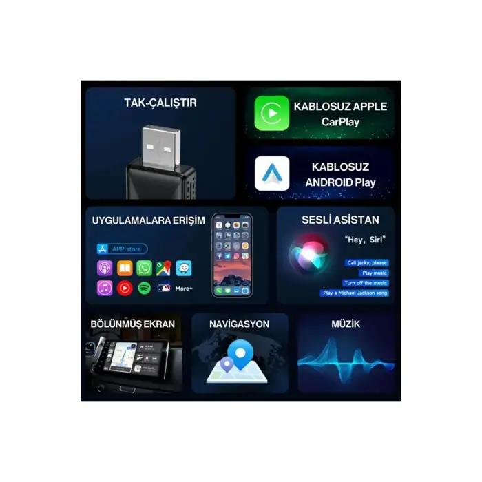 Kablosuz CarPlay & Android Auto Adaptörü  Apple ve Android Cihazlar İçin Evrensel Wireless Carplay Çevirici