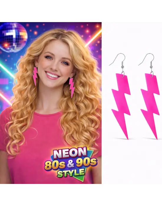 80’ler 90&amp;#39;lar Retro Neon Pembe Şimşek Küpe 10 cm