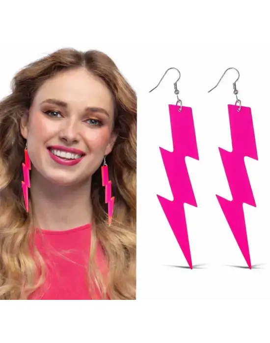 80’ler 90&amp;#39;lar Retro Neon Pembe Şimşek Küpe 10 cm