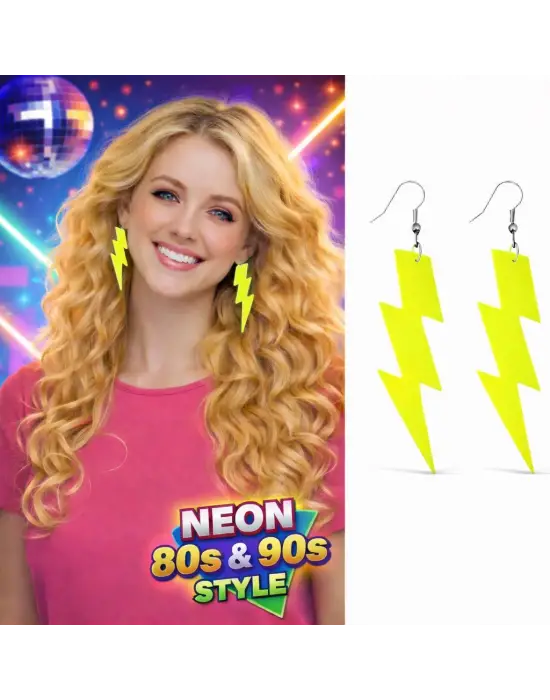 80’ler 90&amp;#39;lar Retro Neon Sarı Şimşek Küpe 10 cm