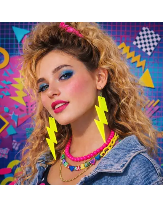 80’ler 90&amp;#39;lar Retro Neon Sarı Şimşek Küpe 10 cm
