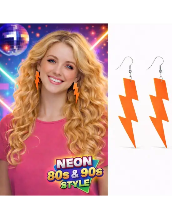 80’ler 90&amp;#39;lar Retro Neon Turuncu Şimşek Küpe 10 cm