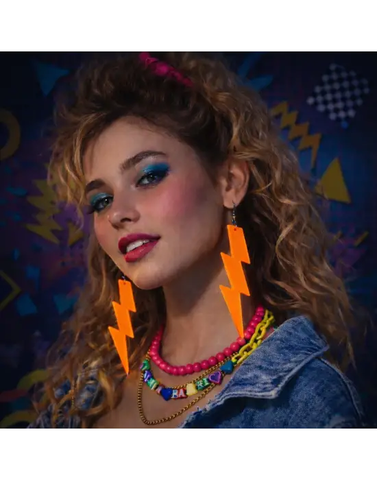 80’ler 90&amp;#39;lar Retro Neon Turuncu Şimşek Küpe 10 cm