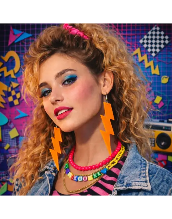 80’ler 90&amp;#39;lar Retro Neon Turuncu Şimşek Küpe 10 cm