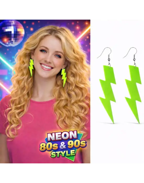 80’ler 90&amp;#39;lar Retro Neon Yeşil Şimşek Küpe 10 cm
