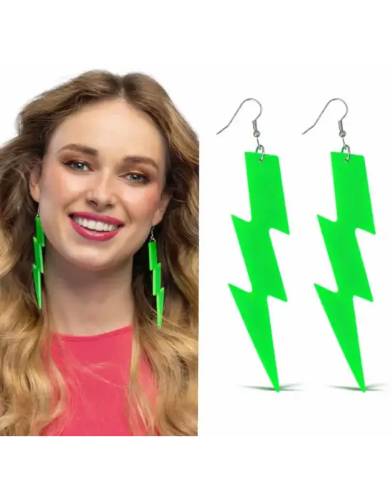 80’ler 90&amp;#39;lar Retro Neon Yeşil Şimşek Küpe 10 cm