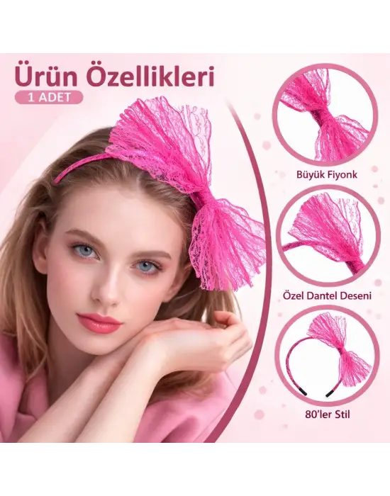80’ler 90’lar Neon Pembe Dantel Taç Fiyonklu