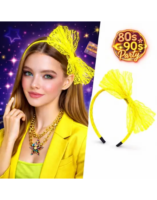 80’ler 90’lar Neon Sarı Dantel Taç Fiyonklu