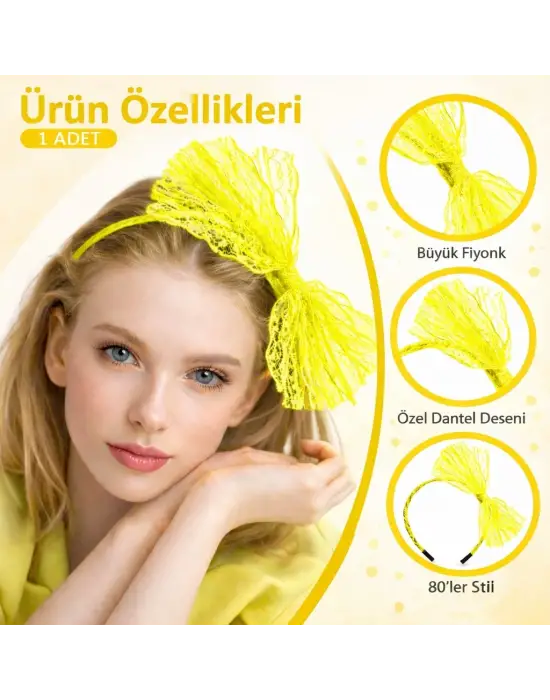 80’ler 90’lar Neon Sarı Dantel Taç Fiyonklu