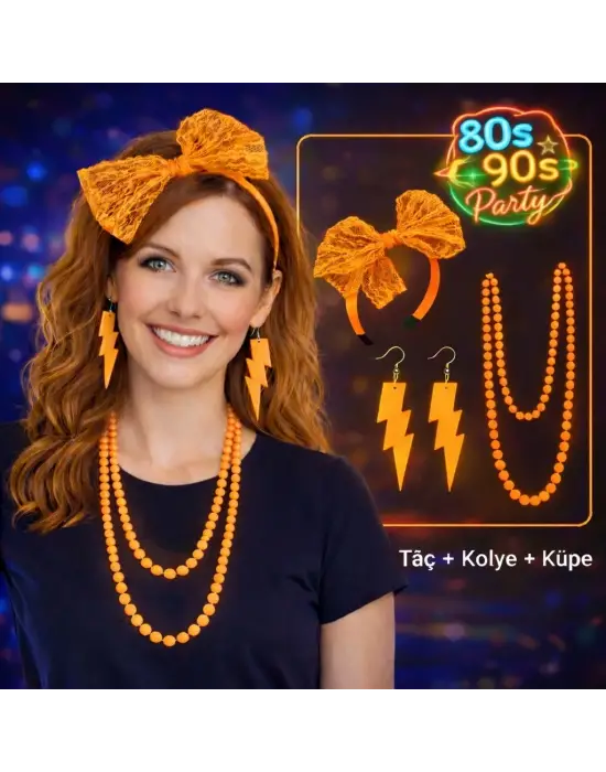 80’ler 90’lar Neon Turuncu Parti Seti – Kolye Küpe Taç