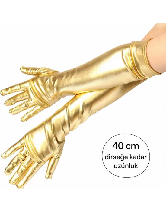 Altın Renk Dirsek Altı Lüks Saten Eldiven 40 cm