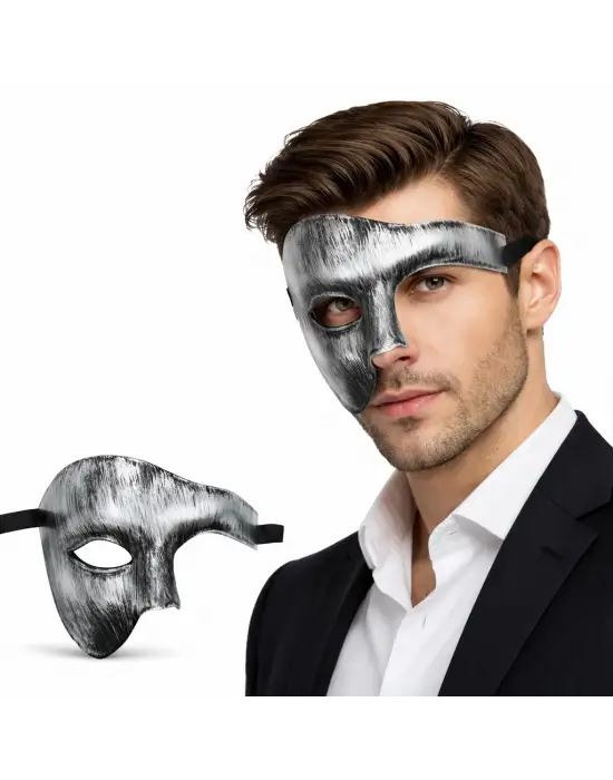Antik Eskitme Gümüş Erkek Yarım Maske - Phantom &amp; Balo Maskesi