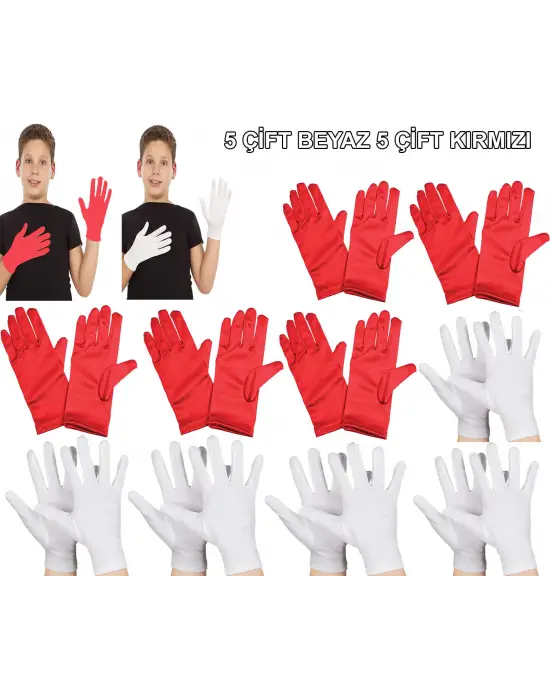 Çocuk Gösteri Eldiven Seti – 5 Çift Beyaz &amp; 5 Çift Kırmızı