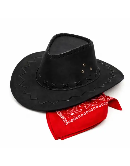 Çocuk Kovboy Şapka Siyah &amp; Kırmızı Bandana Fular Seti