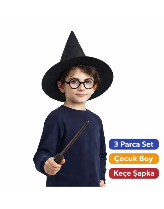 Harry Potter Tarzı Çocuk Seti (Siyah Keçe Şapka, Asa, Gözlük)
