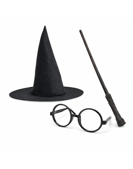 Harry Potter Tarzı Çocuk Seti (Siyah Keçe Şapka, Asa, Gözlük)