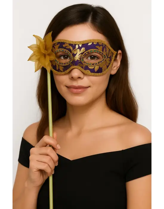 Lüks Taşlı Saplı Maskeli Balo Maskesi Mor Renk 35 cm