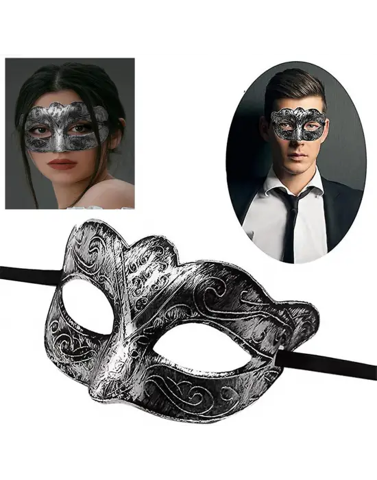 Maskeli Balo Antik Gri Gümüş Eskitilmiş Maske Balo Venedik